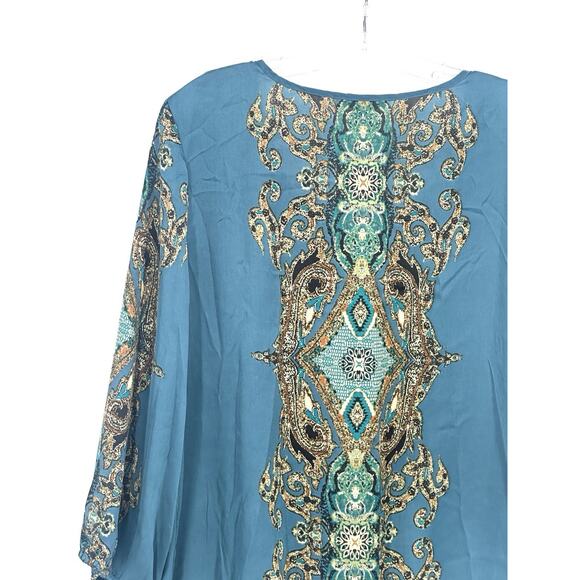 Roz & Ali Womens Boho 1X Teal Baroque Print Blouse 3/4 Sleeve Bubble Hem Top - Picture 8 of 16